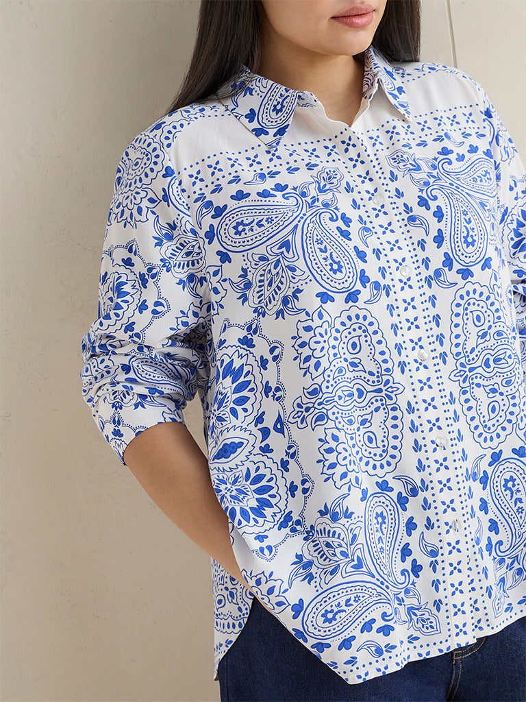 Gia White Paisley Printed Cotton Shirt