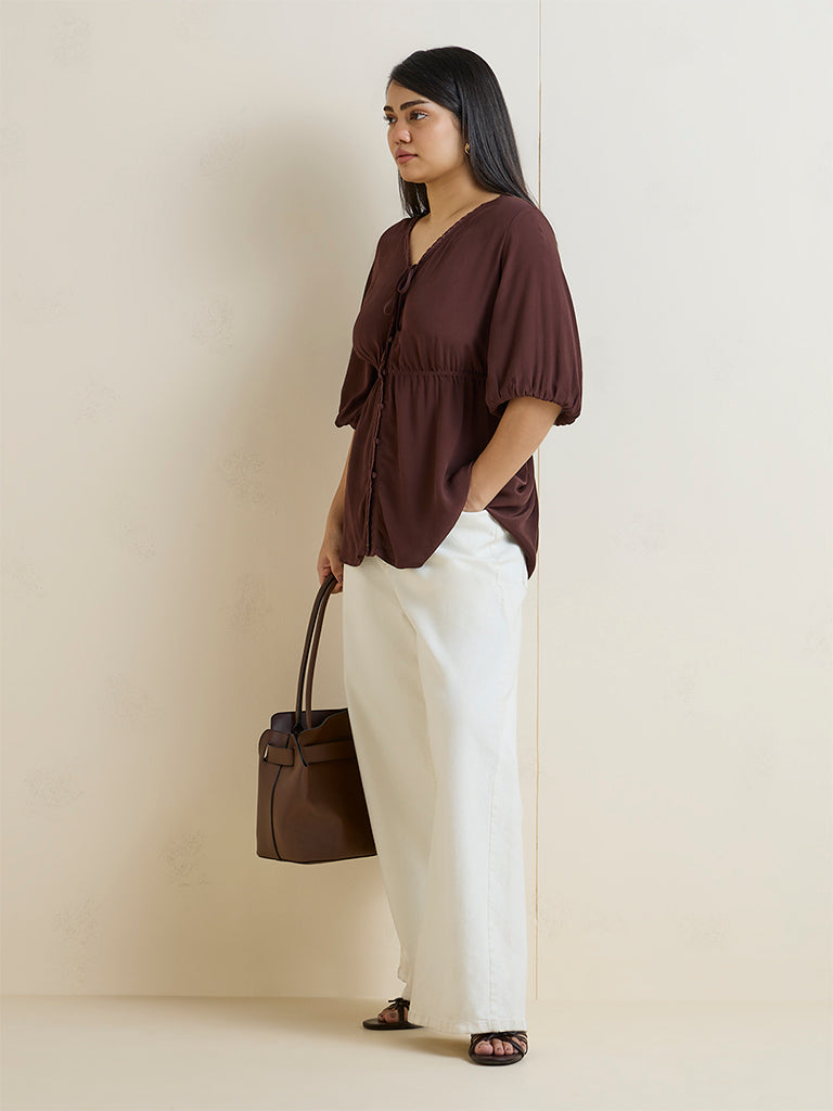 Gia Dark Brown Solid Peplum Blouse
