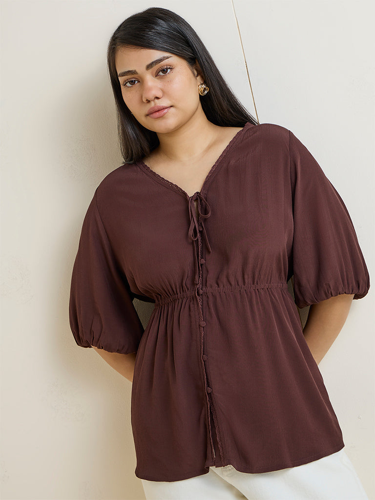 Gia Dark Brown Solid Peplum Blouse