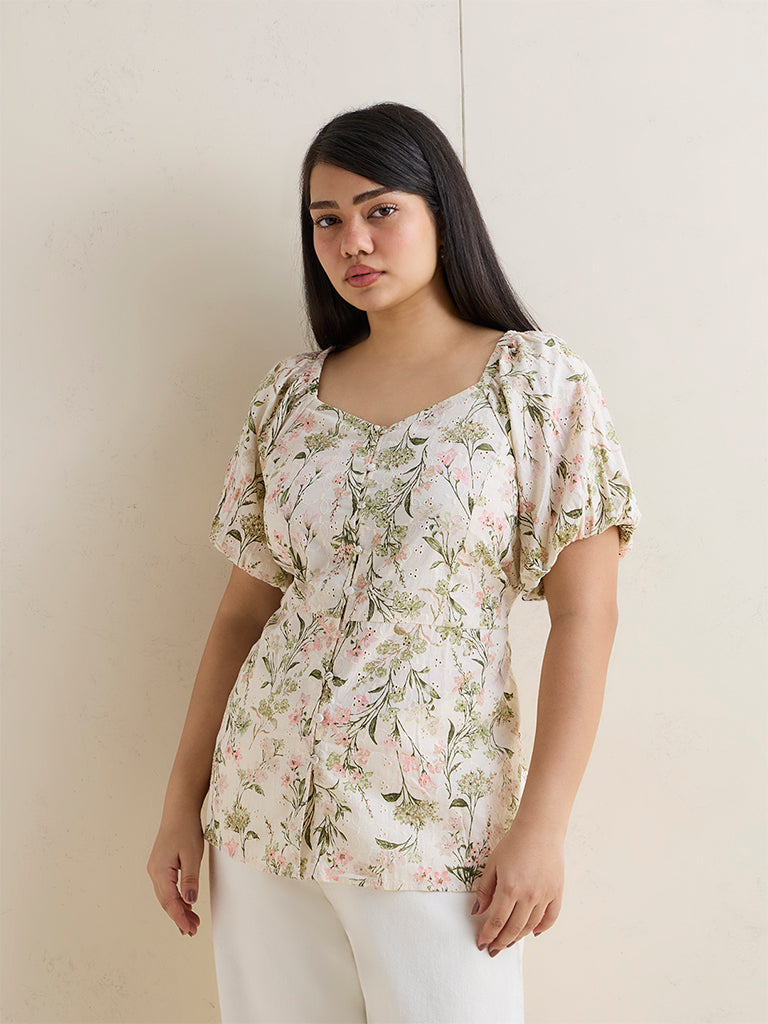 Gia Multicolour Floral Pattern Cotton Peplum Top