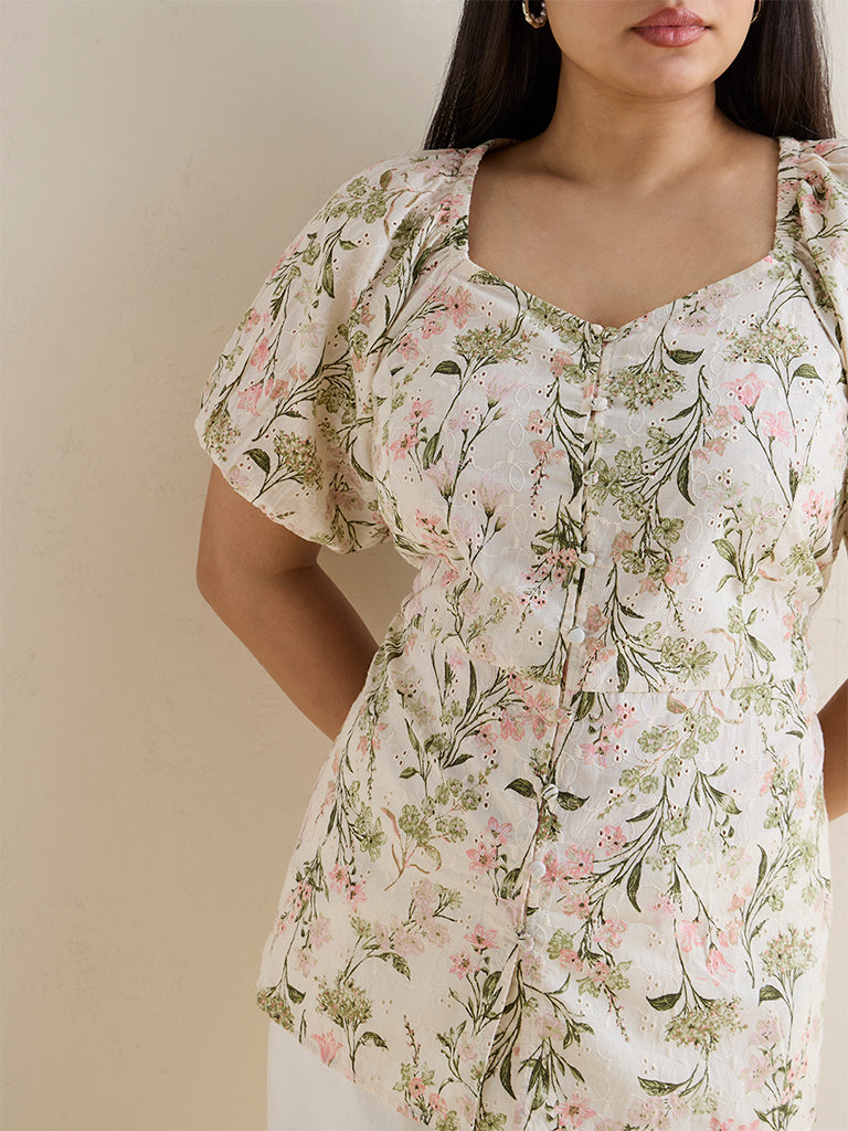 Gia Multicolour Floral Pattern Cotton Peplum Top