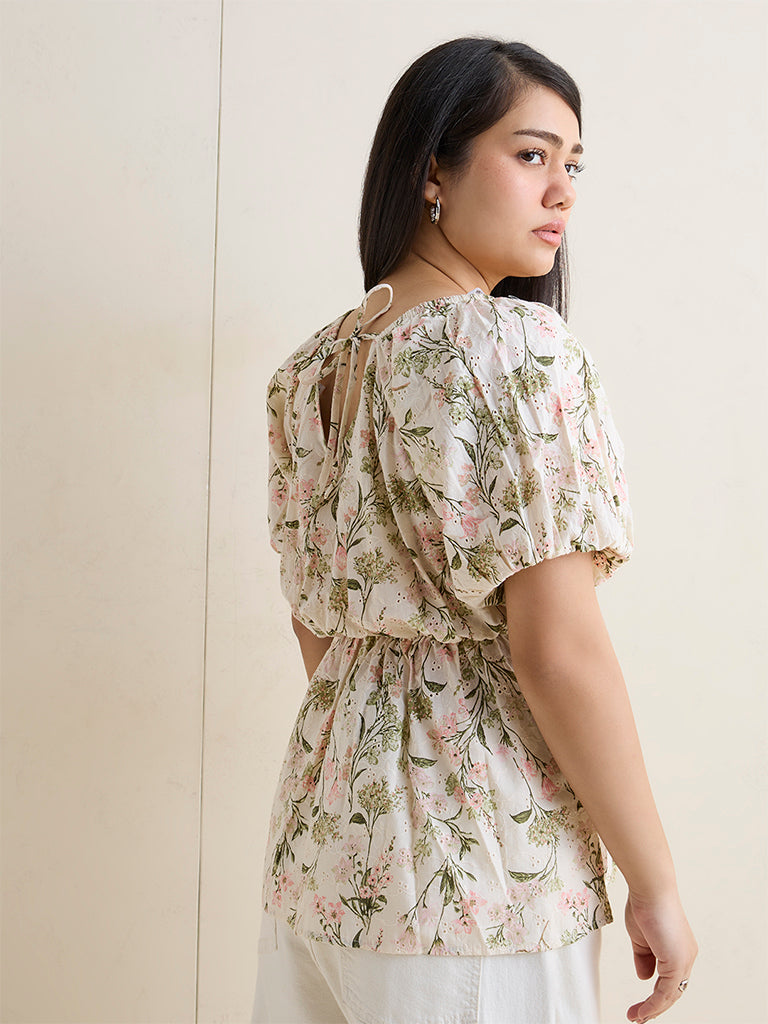 Gia Multicolour Floral Pattern Cotton Peplum Top
