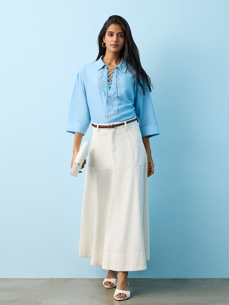 LOV Blue Floral Embroidered Blouse