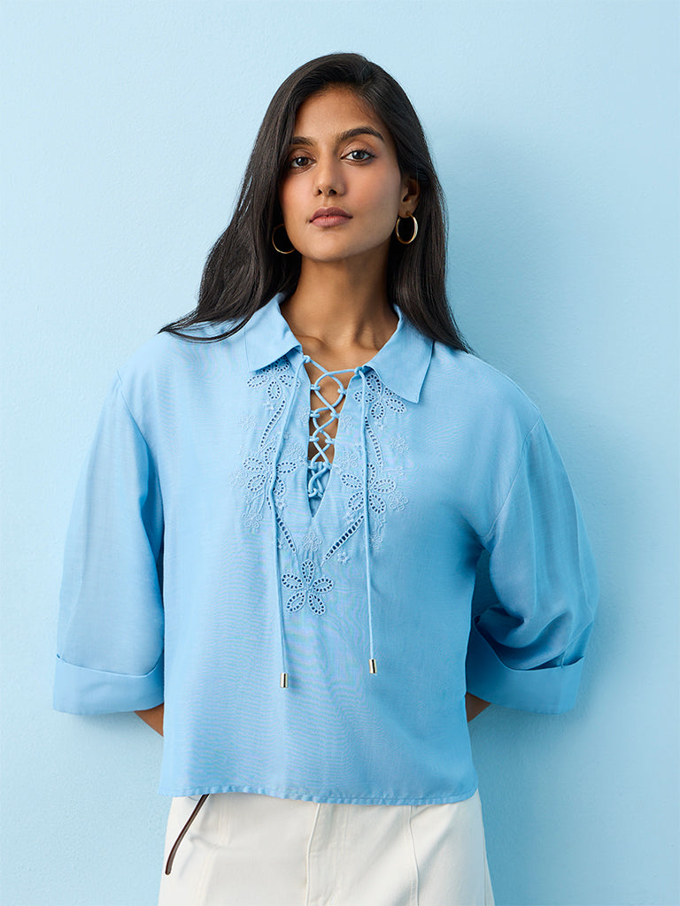 LOV Blue Floral Embroidered Blouse