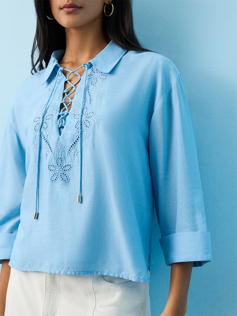 LOV Blue Floral Embroidered Blouse