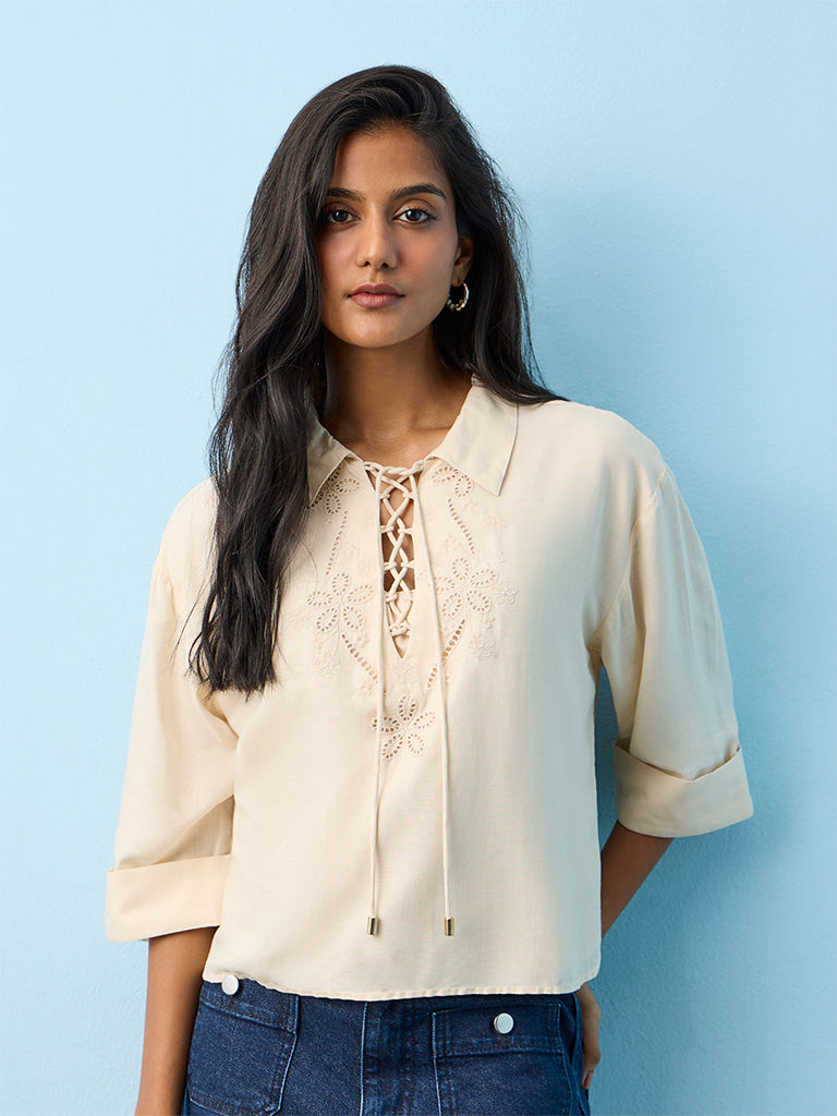 LOV Cream Floral Embroidered Blouse