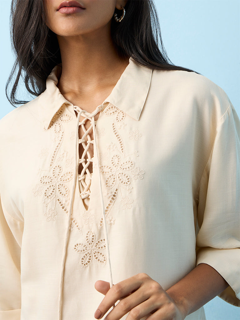 LOV Cream Floral Embroidered Blouse