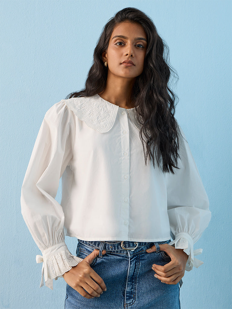 LOV White Embroidered Cotton Blouse