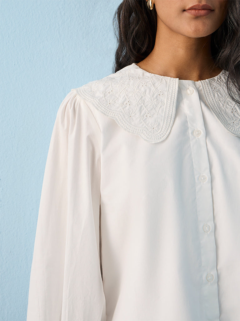 LOV White Embroidered Cotton Blouse