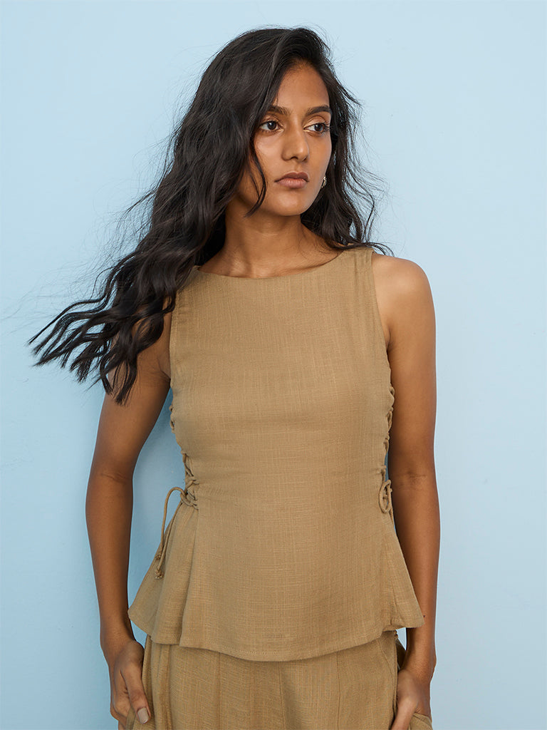 LOV Dark Beige Tie-Up Peplum Top