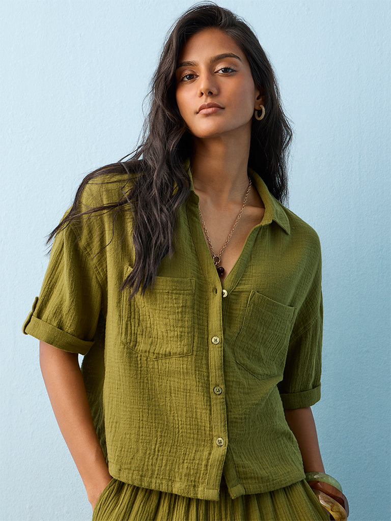 LOV Olive Crinkle-Textured Blouse