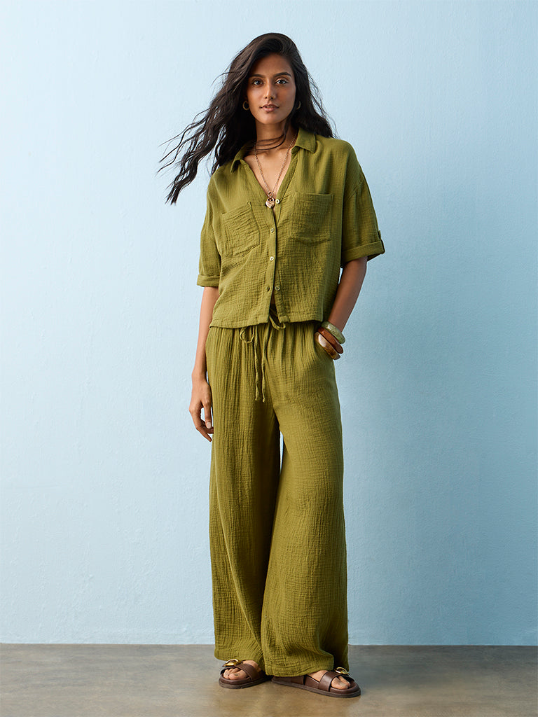 LOV Olive Crinkle-Textured Blouse