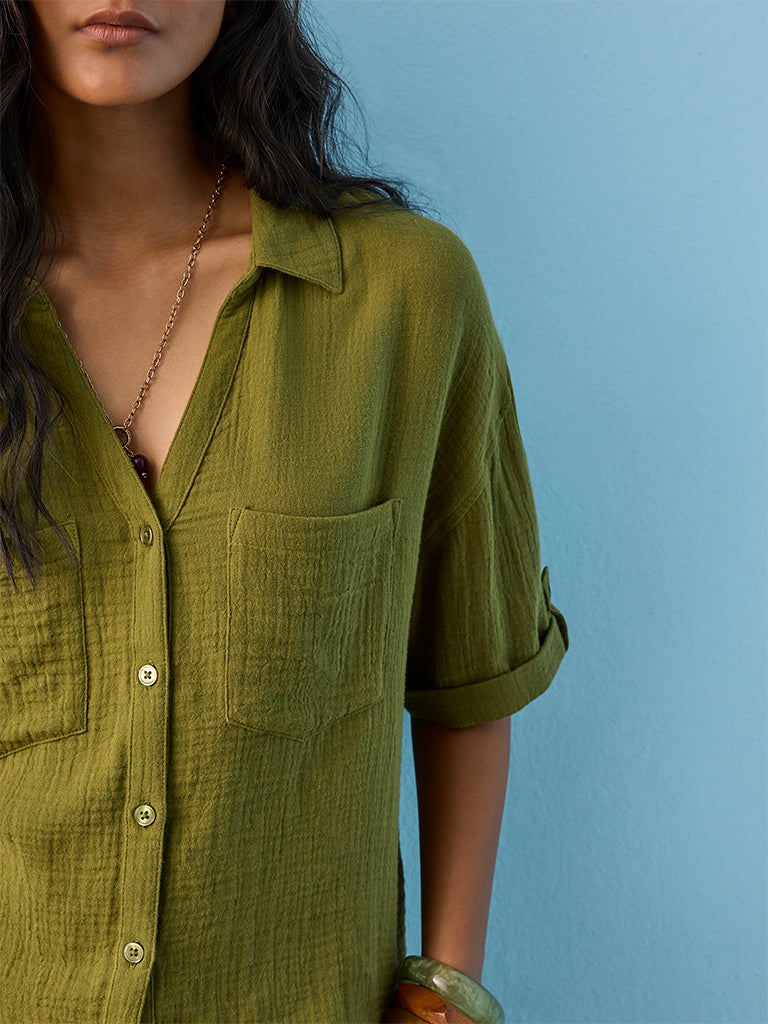 LOV Olive Crinkle-Textured Blouse