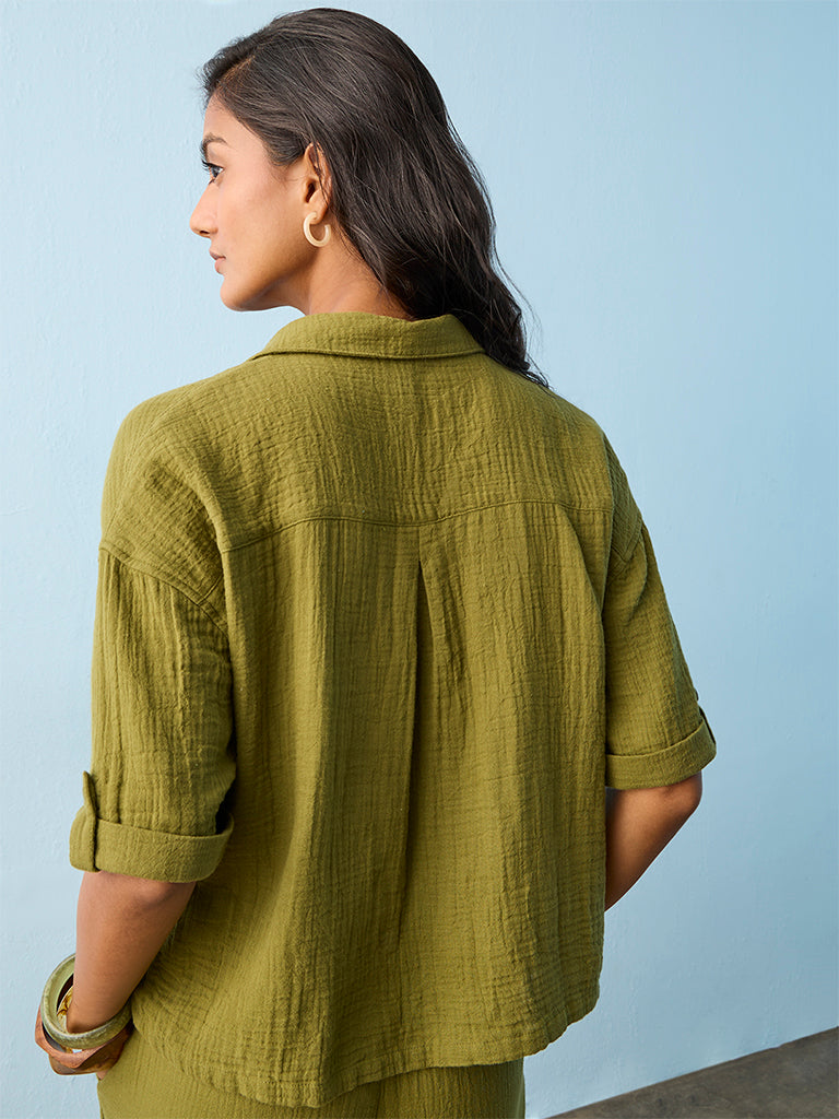 LOV Olive Crinkle-Textured Blouse