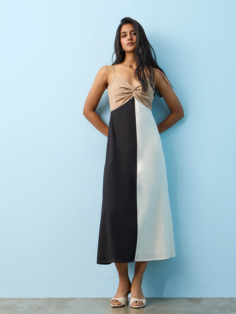LOV Beige Colour-Blocked Knot-Detail A-Line Dress