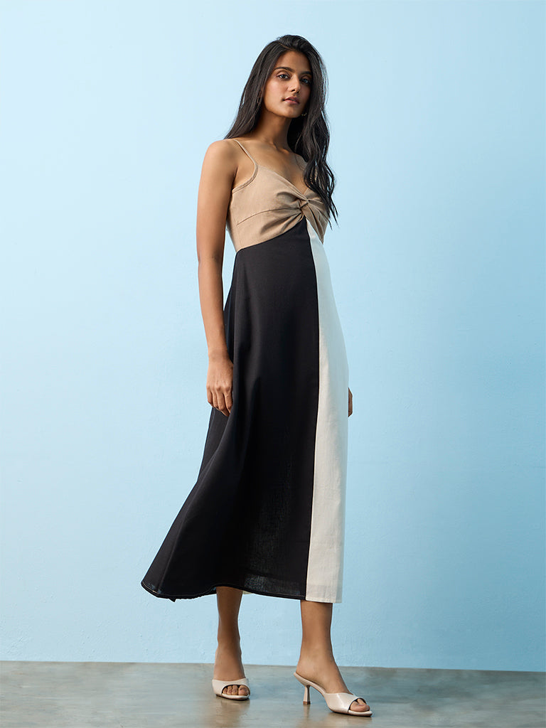 LOV Beige Colour-Blocked Knot-Detail A-Line Dress