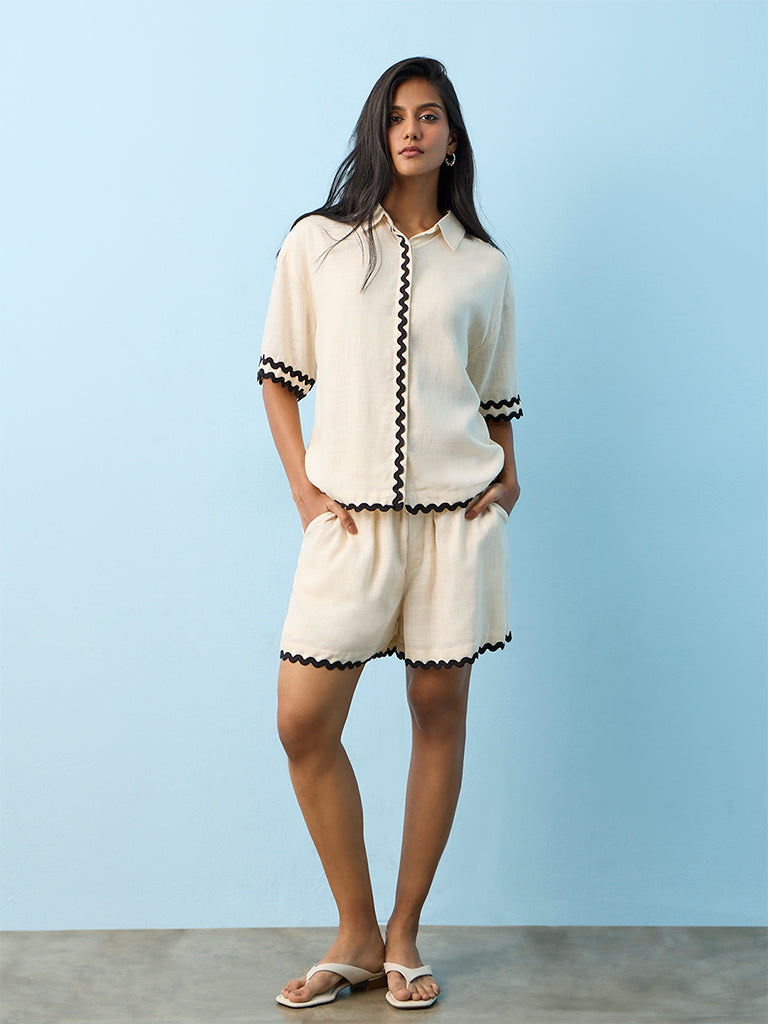LOV Off-White Rick Rack Detail High-Rise Shorts