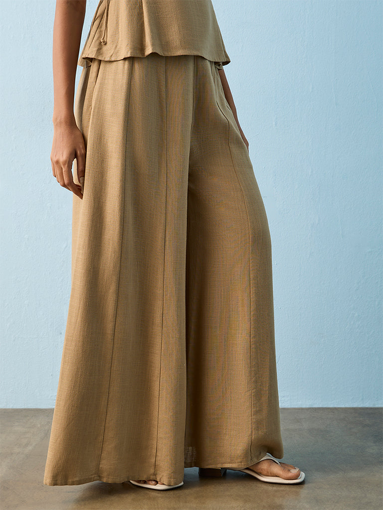 LOV Dark Beige Wide-Leg High-Rise Pants