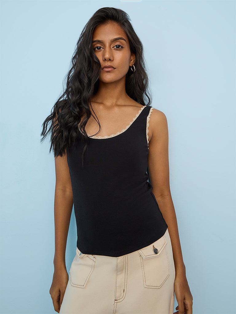 LOV Black Lace Detail Cotton-Blend Top