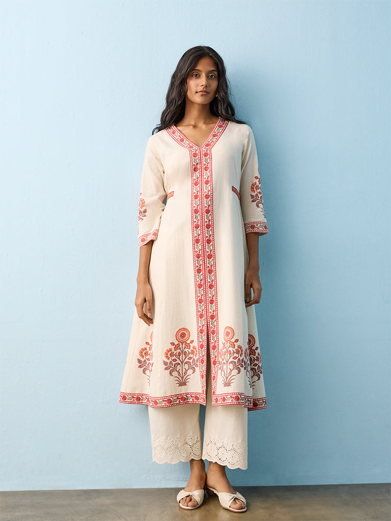 Utsa Off-White Floral Printed Cotton-Blend A-Line Kurta