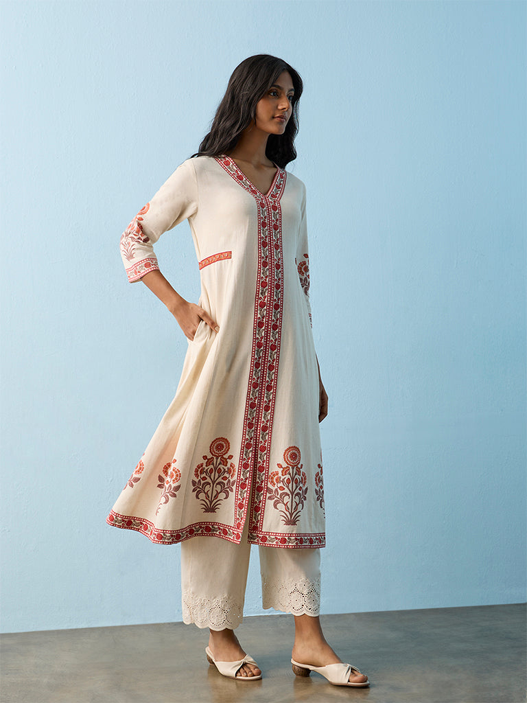Utsa Off-White Floral Printed Cotton-Blend A-Line Kurta