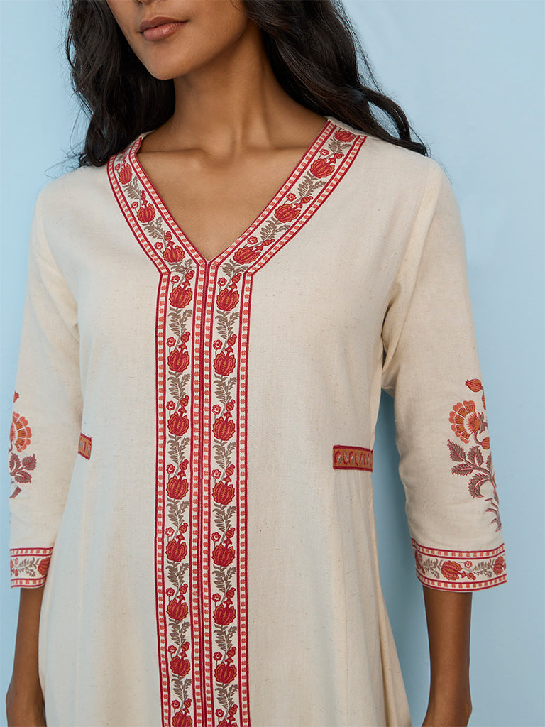 Utsa Off-White Floral Printed Cotton-Blend A-Line Kurta