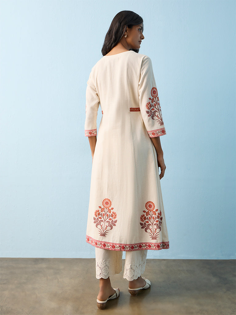 Utsa Off-White Floral Printed Cotton-Blend A-Line Kurta