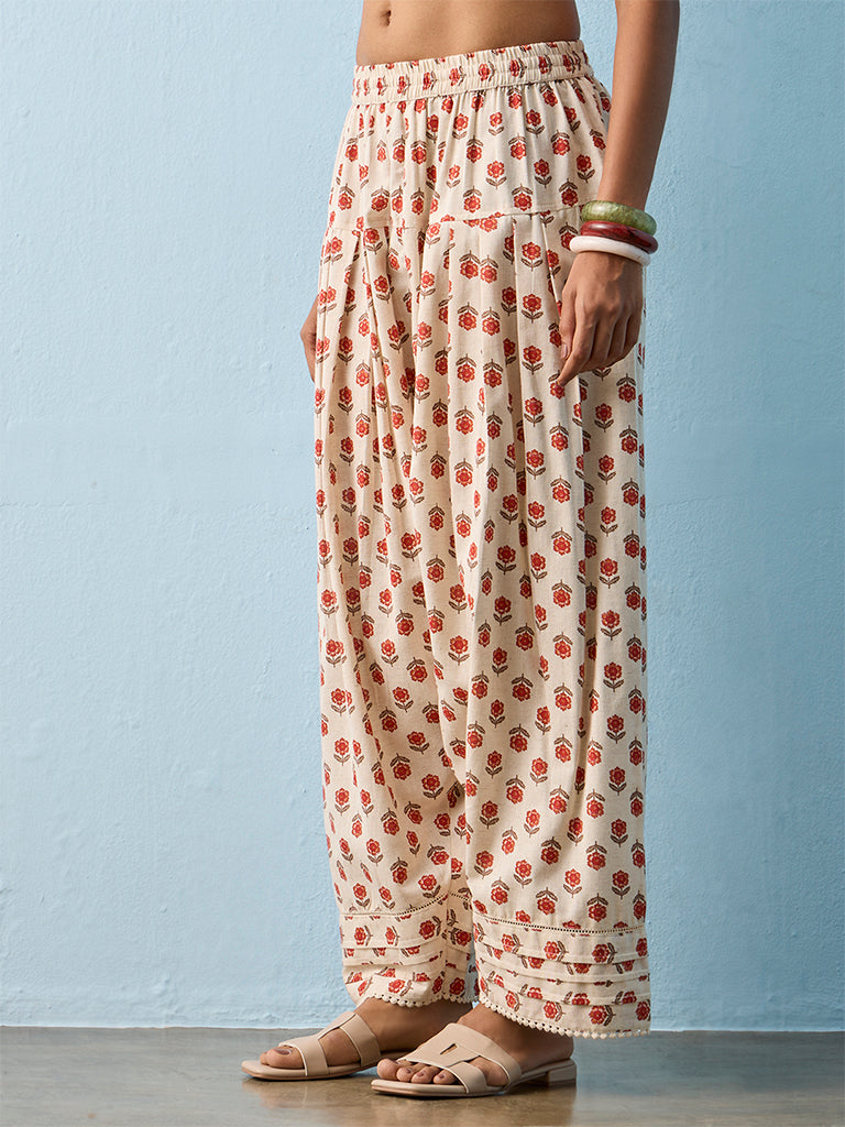 Utsa White Floral Printed Cotton-Blend Pants