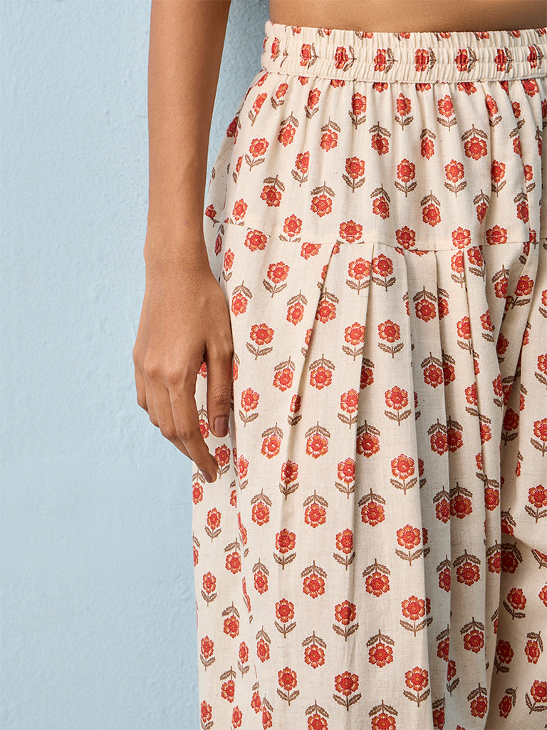 Utsa White Floral Printed Cotton-Blend Pants