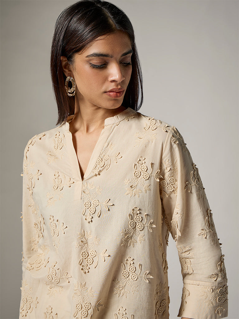Zuba Cream Floral Embroidered Cotton Tunic