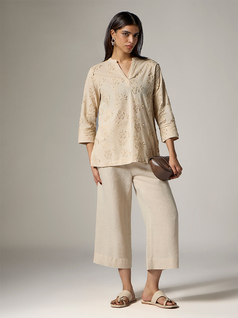Zuba Cream Floral Embroidered Cotton Tunic