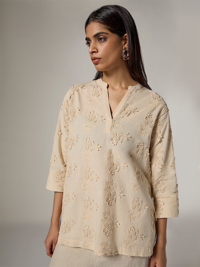 Zuba Cream Floral Embroidered Cotton Tunic