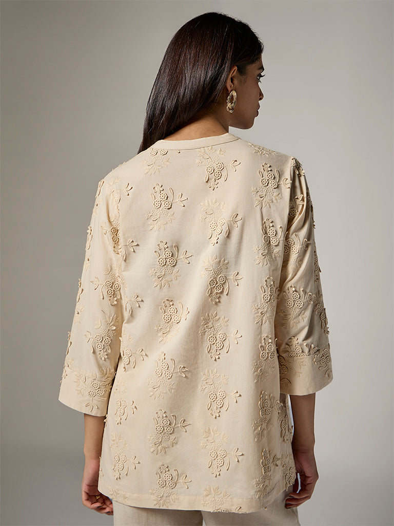 Zuba Cream Floral Embroidered Cotton Tunic