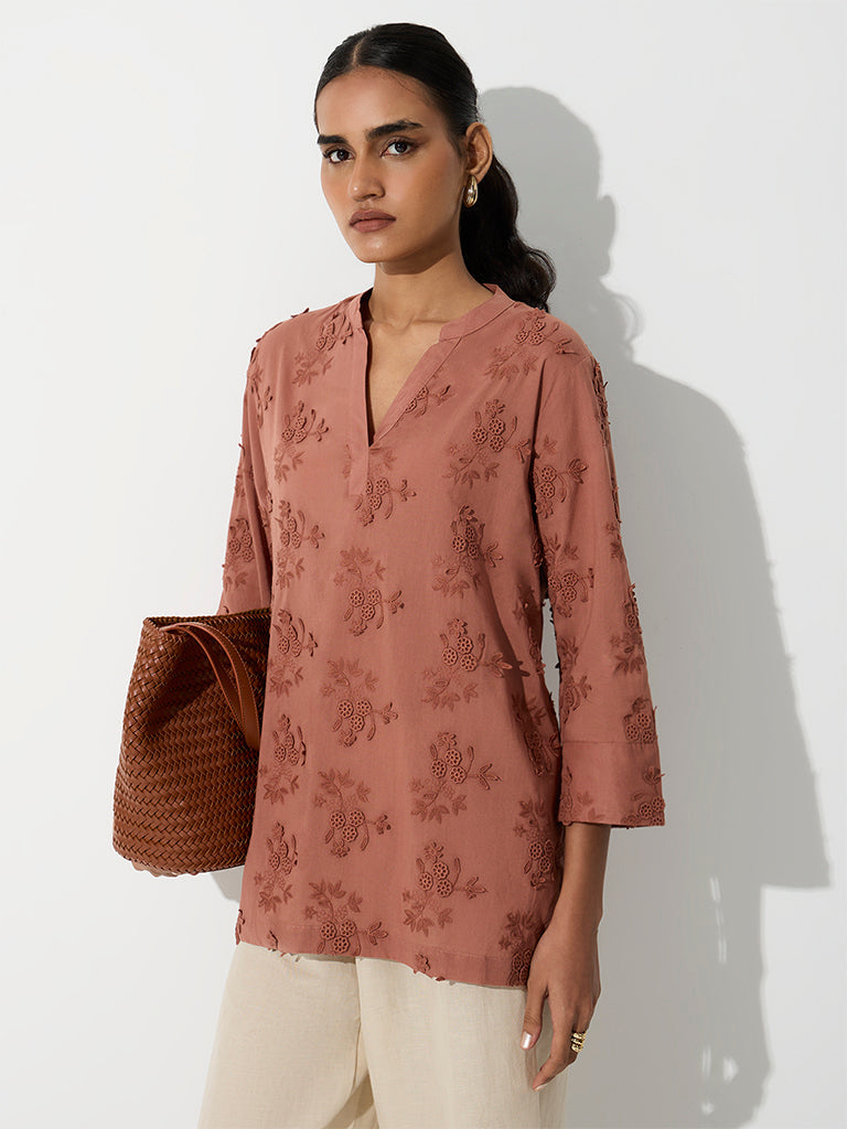 Zuba Brown Floral Embroidered Cotton Tunic