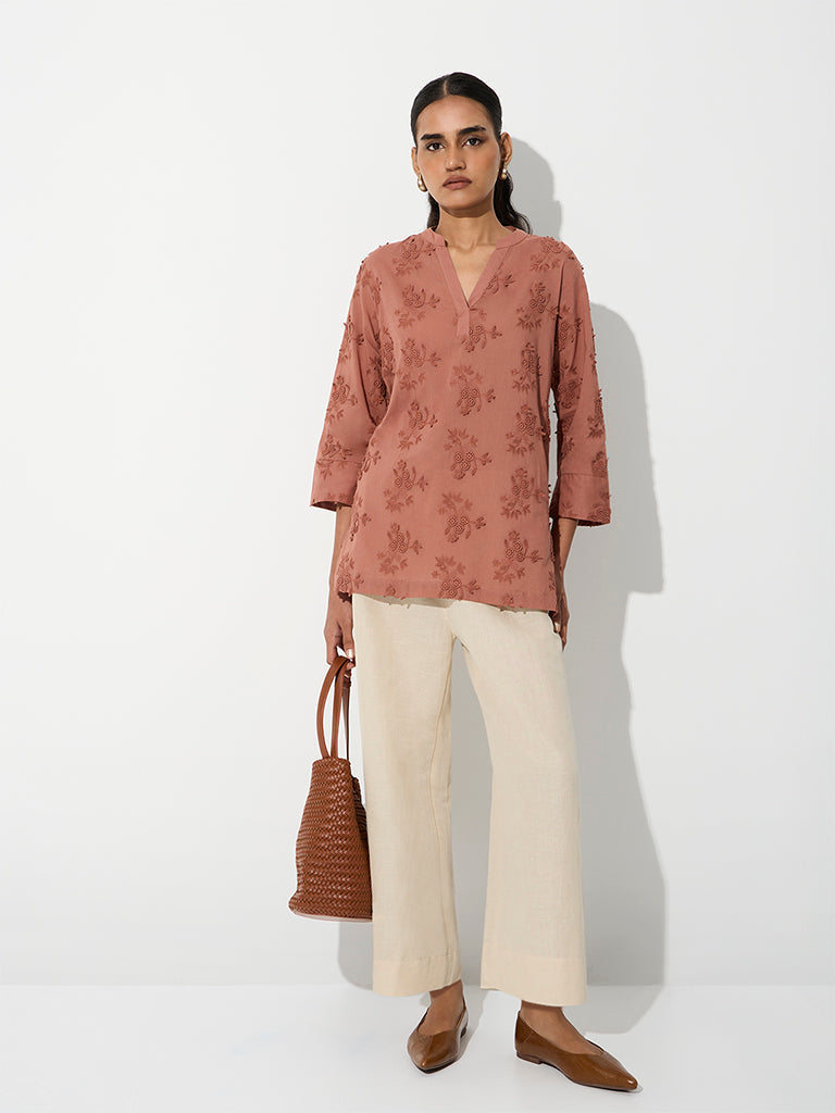 Zuba Brown Floral Embroidered Cotton Tunic