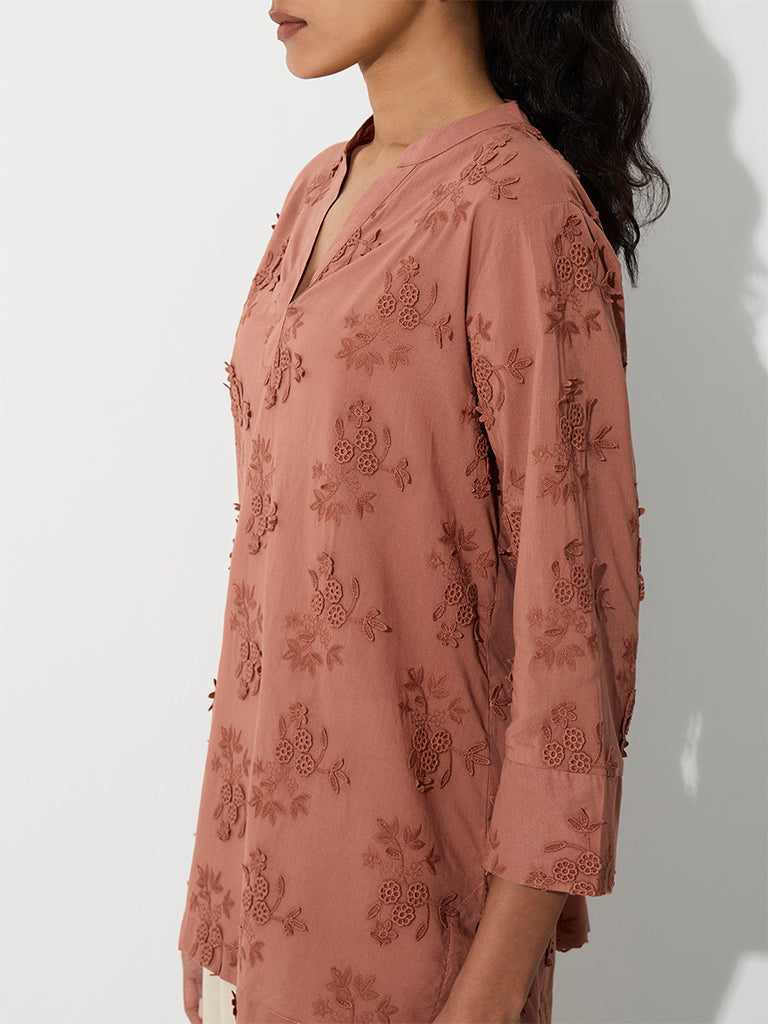 Zuba Brown Floral Embroidered Cotton Tunic