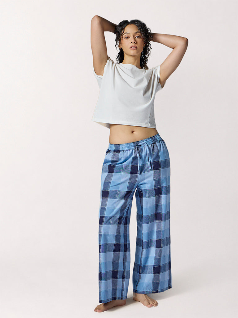 Wunderlove Blue Checkered High-Rise Cotton Pants