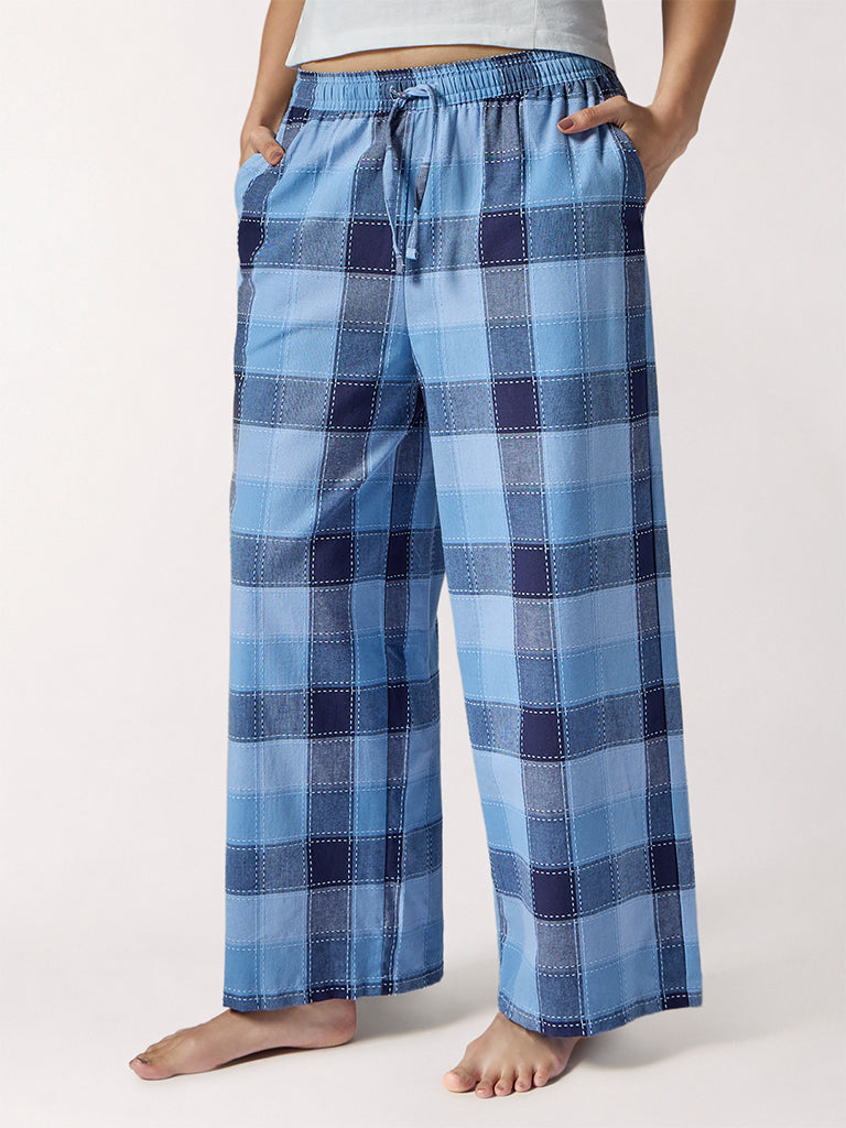 Wunderlove Blue Checkered High-Rise Cotton Pants
