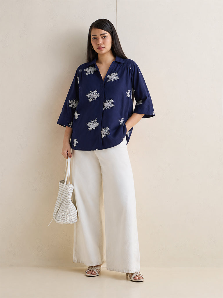 Gia Navy Floral Embroidered Cotton Shirt