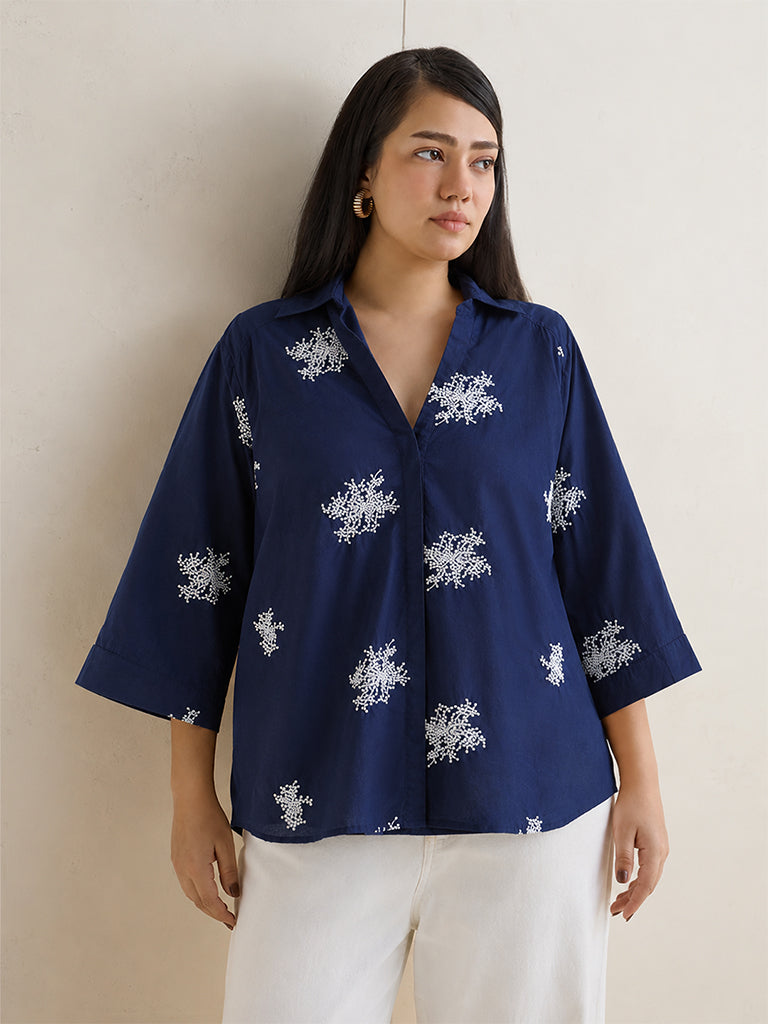 Gia Navy Floral Embroidered Cotton Shirt