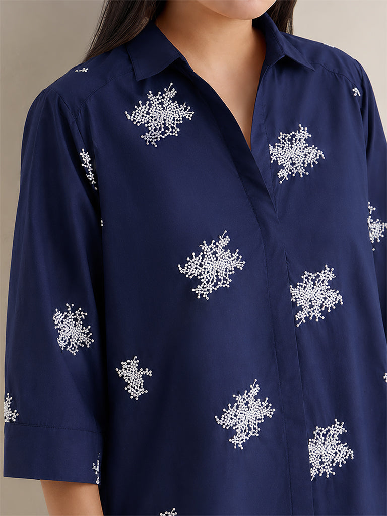 Gia Navy Floral Embroidered Cotton Shirt