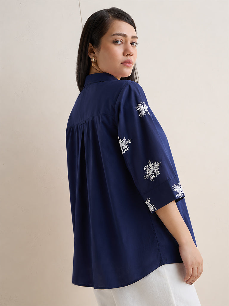 Gia Navy Floral Embroidered Cotton Shirt