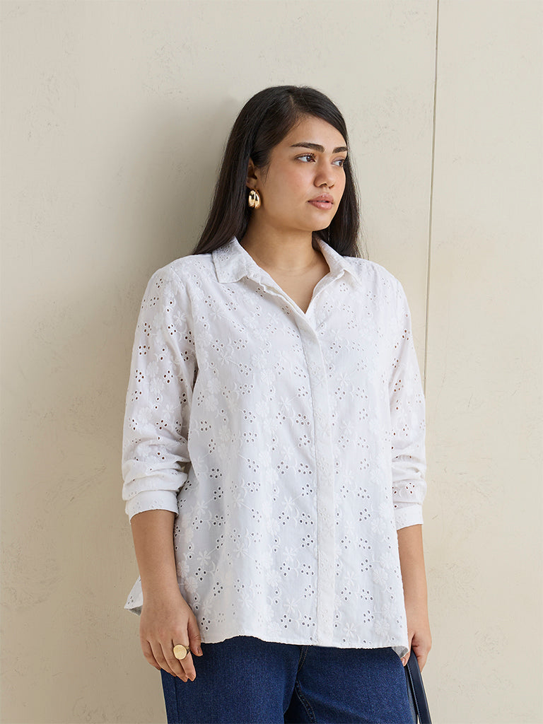 Gia White Schiffli Embroidered Cotton Shirt