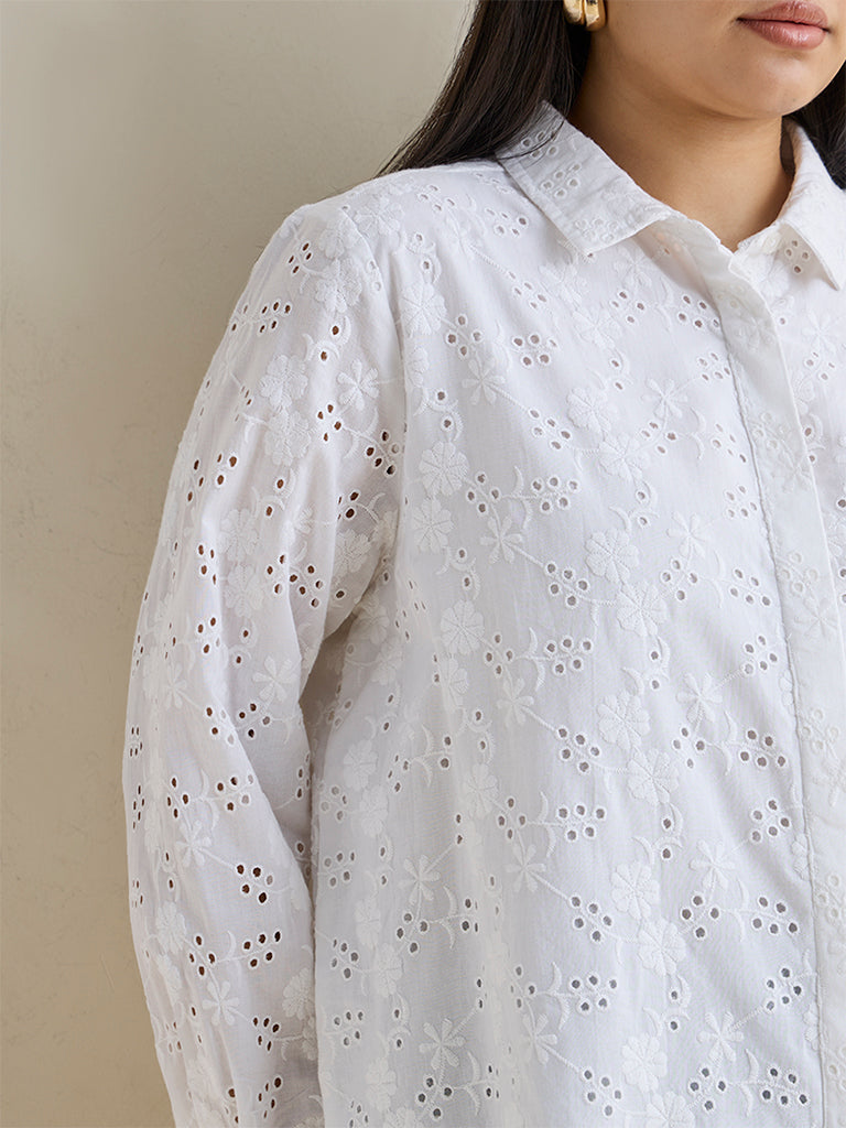 Gia White Schiffli Embroidered Cotton Shirt
