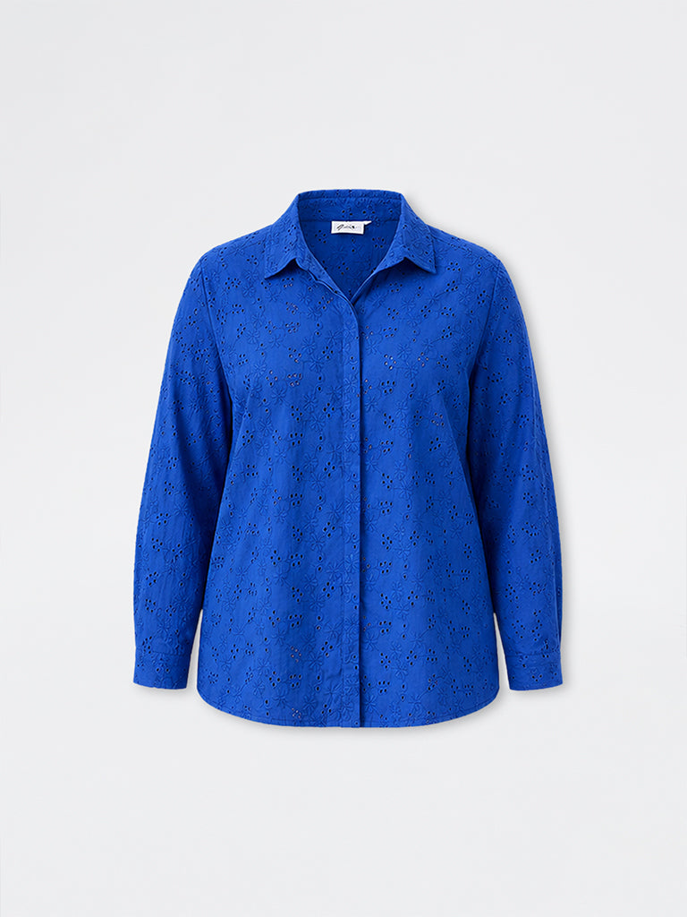 Gia Blue Floral Schiffli Embroidered Cotton Shirt