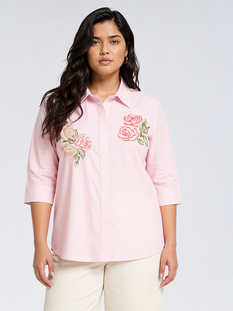 Gia Pink Floral Embroidered Cotton Shirt