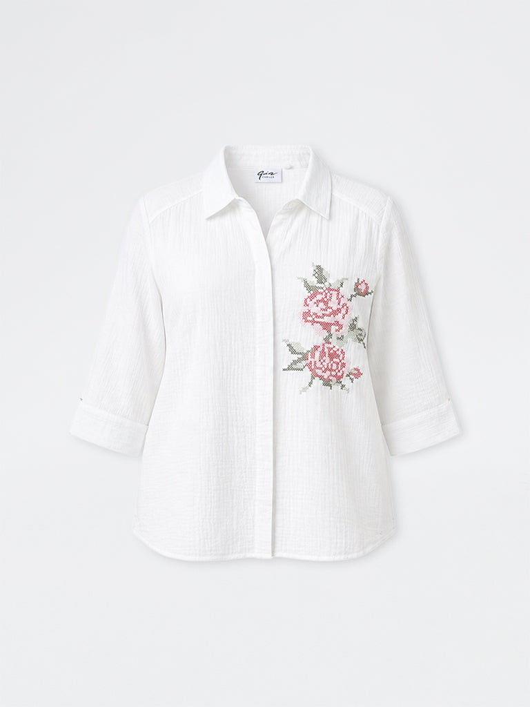 Gia White Floral Embroidered Cotton Blouse