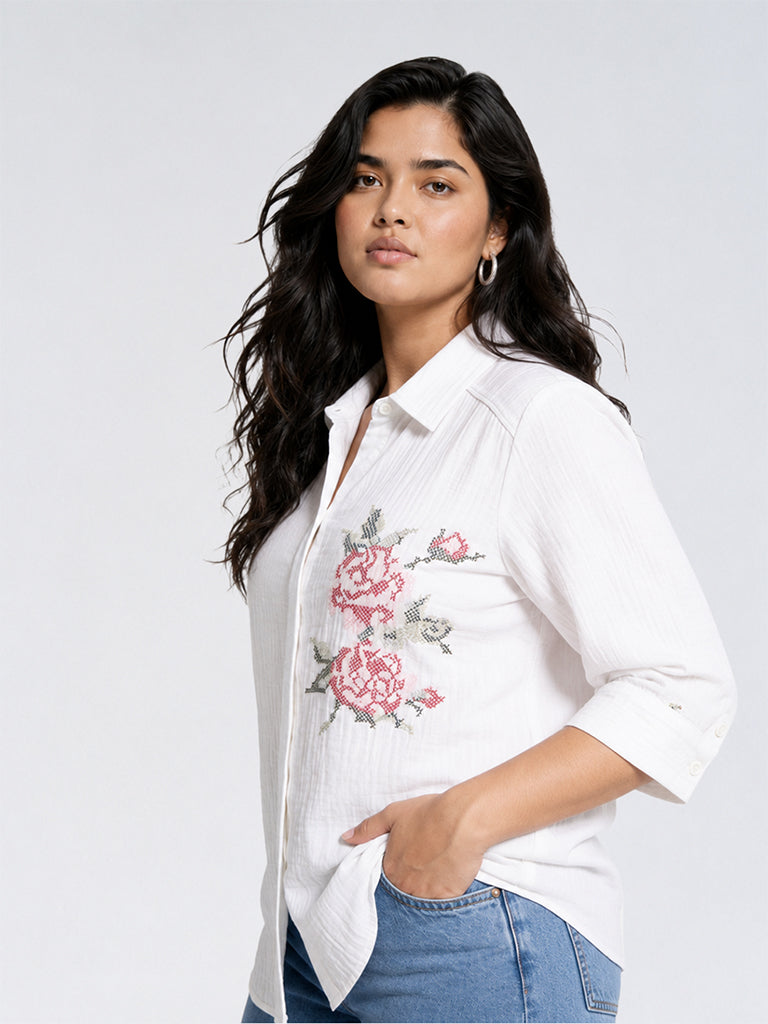 Gia White Floral Embroidered Cotton Blouse