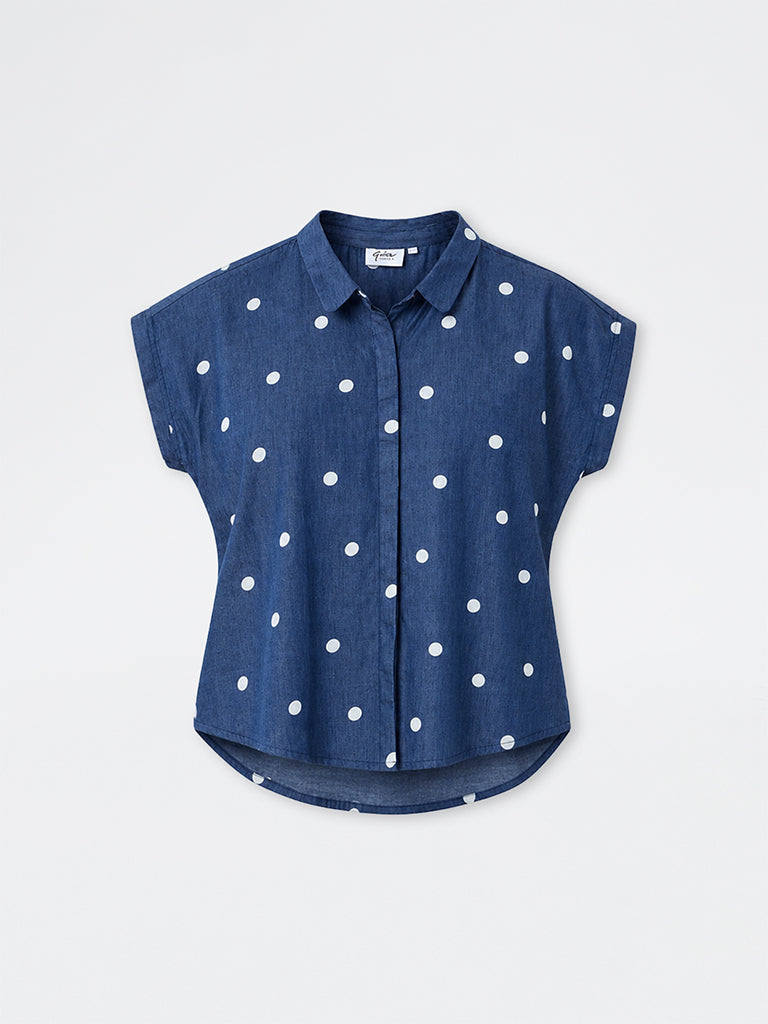 Gia Blue Polka Dot Printed Denim Shirt