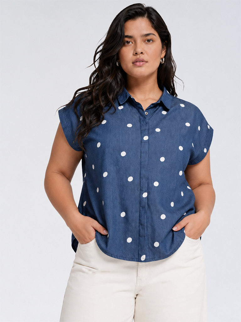Gia Blue Polka Dot Printed Denim Shirt